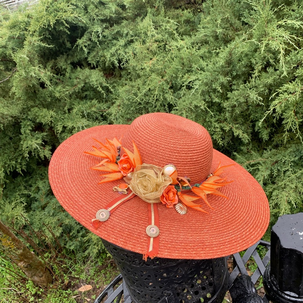 Kreativekristen upcycled Orange wide brim straw Hat with Floral Accents - Picture 6 of 12